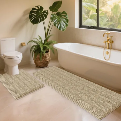 Vista 15 de ACCUMTEK - Juego de alfombras de baño a rayas beige de 3 piezas, ultrasuaves, antideslizantes de chenilla, alfombras de baño mullidas y absorbentes
