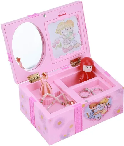 Vista 3 de Oumefar Caja de música bailarina, diseño de espejo, delicada caja de música rosa, caja de almacenamiento de joyería, bailarina, niña, para pendientes