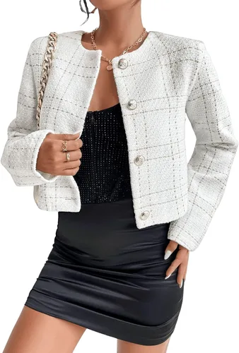 Vista 5 de SweatyRocks Chaqueta corta de manga larga a cuadros con cuello redondo y botones para mujer
