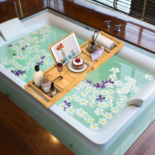 Vista 2 de Bandeja de Bañera de Bambú para Baño de Lujo, Bandeja de Baño Premium Expandible con Soporte para Jabón/Toalla/Libro, Accesorios de Baño Ajustables