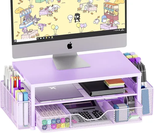 Vista 14 de OPNICE Soporte elevador de monitor doble con cajón y 2 soportes para bolígrafos, organizador de escritorio para suministros de oficina, soporte