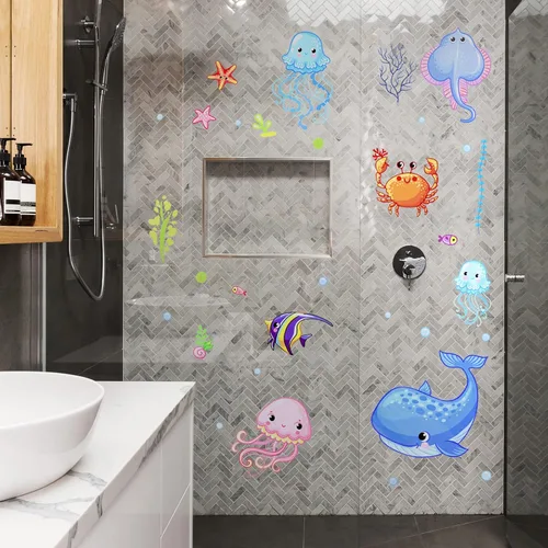 Vista 5 de 4 hojas de calcomanías de pared de vida oceánica debajo del pez marino, coloridas y extraíbles de criaturas marinas bajo el agua, medusas