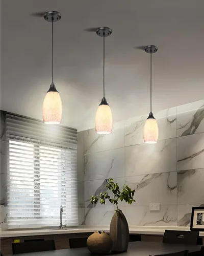 Vista 5 de karyfine Luces colgantes de vidrio de leche para isla de cocina, mini colgante de cristal, lámpara de cristal con cable ajustable negro para cocina