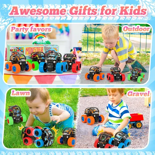 Vista 6 de SevenQ Monster Truck - Juguetes de coches para niños, paquete de 4 coches de carreras, recuerdos de fiesta para niños, empujar y avanzar, coches