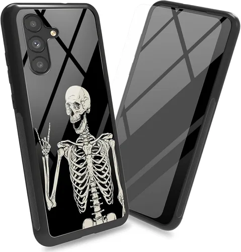 Vista 25 de Funda para Samsung Galaxy A13 5G con protector de pantalla, cubierta trasera de vidrio templado, diseño de flores de gato negro, marco de Flores