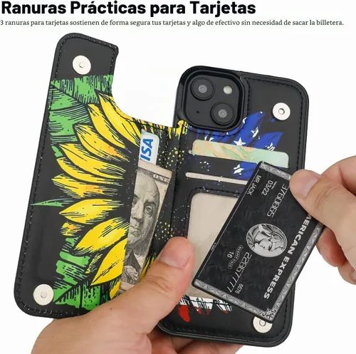 Vista 3 de HAOPINSH Funda tipo cartera con tarjetero para iPhone 14/13, diseño de Girasoles Bandera Americana