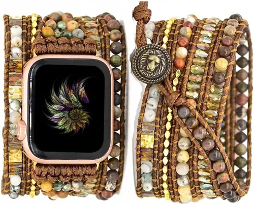 Vista 19 de Correa de reloj de cuerda trenzada con cuentas, estilo bohemio, gira 5 veces, múltiples capas, compatible con reloj Apple Watch de 45 mm, 41 mm, 44