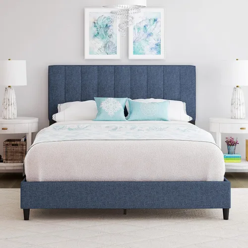 Vista 15 de Boyd Sleep Pisa - Base de cama de terciopelo azul tamaño Queen totalmente tapizada con cabecero ajustable, no requiere somier, fácil montaje, sin