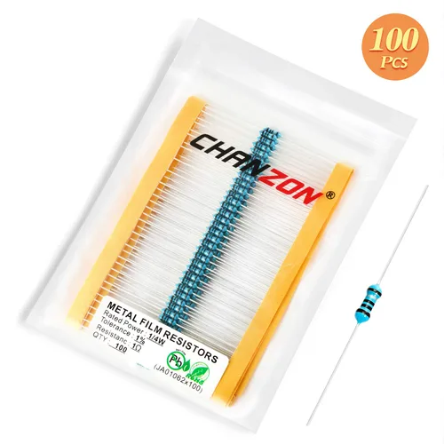 Vista 3 de Chanzon 100 piezas 1 Ω ohm Resistencia 1/4 W (0.25 W) Resistencia fija de película metálica 0.01 ±1% Tolerancia 1R MF Resistencias de agujero