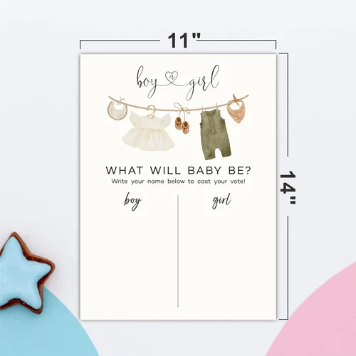 Vista 2 de Señal de voto de revelación de género de 11 x 15 pulgadas, tema de ropa de bebé, juego para fiesta de baby shower, letrero de "What will be