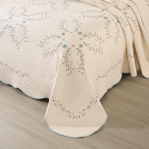 Vista 5 de vctops Elegante juego de edredón bordado floral, 100% algodón, reversible, acolchado, con borde festoneado, colcha suave y ligera con 2 fundas