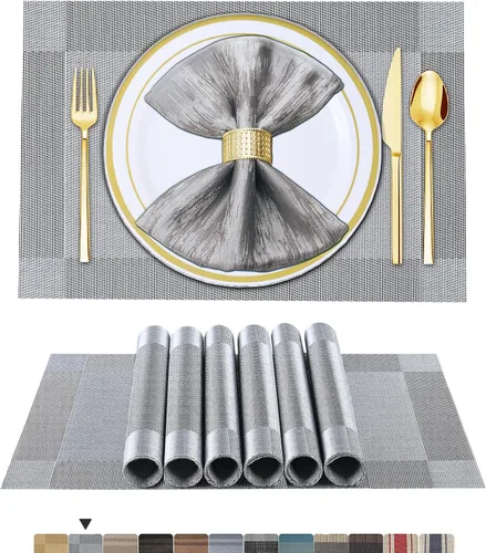 Vista 27 de BETEAM Juego de 4 manteles individuales de vinilo tejido para mesa de comedor, lavables, lavables, manteles individuales de cocina, duraderos