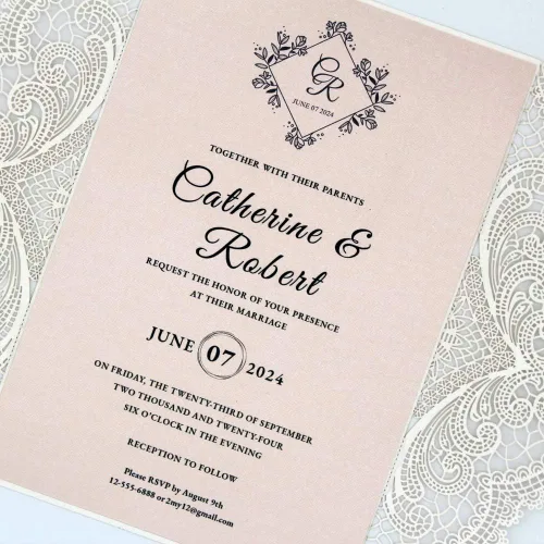 Vista 5 de 1 muestra de invitación de boda de 5 x 7 pulgadas, corte láser, invitaciones de boda rosa rubor de encaje con sobres para bodas, despedidas