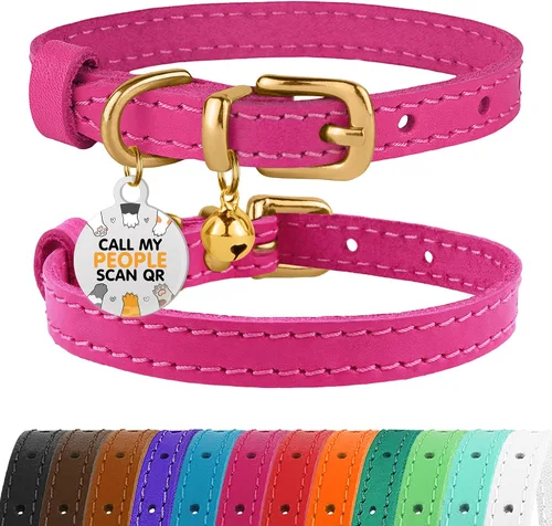 Vista 28 de BRONZEDOG Collar de cuero para gato con campanas extraíbles sin liberación rápida, etiqueta QR para gatito para niña y niño