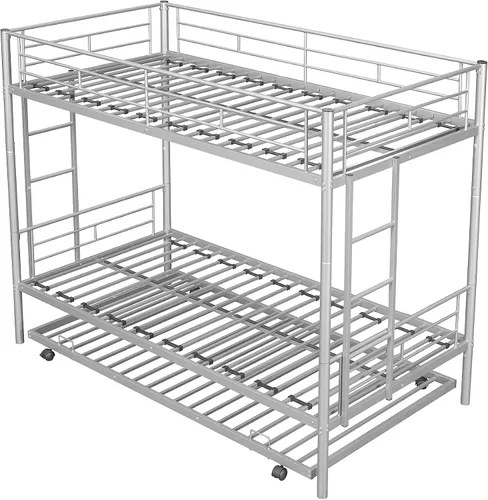 Vista 2 de EMKK Litera de metal individual sobre cama individual con nido para 3 niños/adultos, litera convertible con 2 escaleras laterales y barandilla