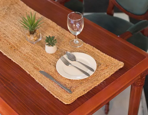 Vista 10 de Madhu International Camino de mesa de yute natural, alfombra rectangular tejida a mano de larga duración, hecha de material de yute para entradas