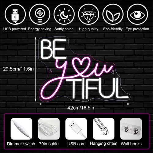 Vista 2 de Horseneon Letrero LED de neón con texto en inglés "Be You Tiful", rectangular, color rosa, 16.5 x 11.6 pulgadas, montaje en pared, tema de amor