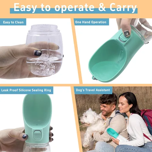 Vista 5 de Botella de agua portátil para perro con cuenco, a prueba de fugas, conveniente para caminar, senderismo y campamento (azul, 12 onzas)