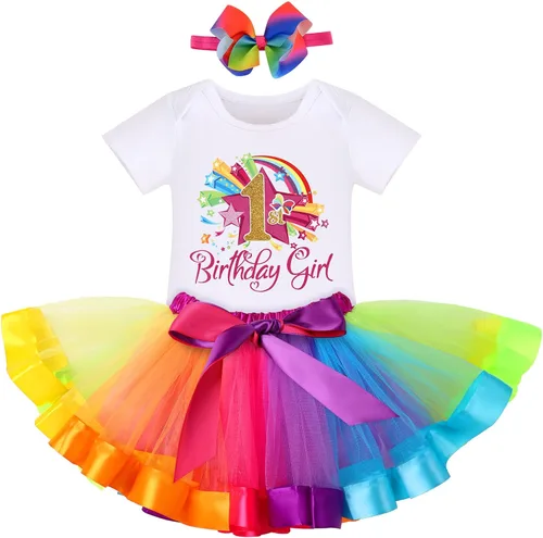Vista 27 de IBAKOM Conjunto de ropa de 3 piezas para bebé niña de 1er cumpleaños + tutú de tul de princesa arcoíris + diadema con lazo, conjunto de ropa de 3