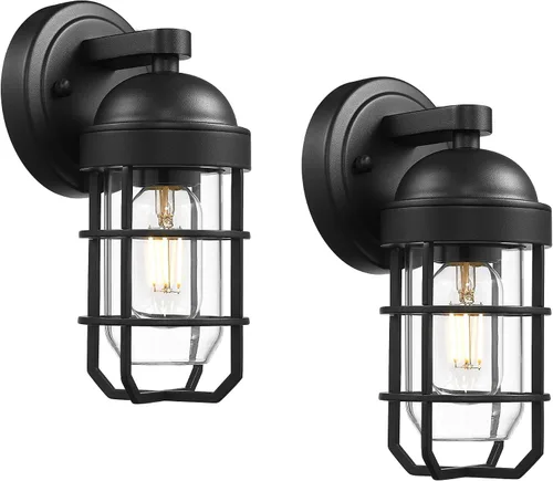 Vista 7 de Emliviar Juego de 2 lámparas de pared exteriores para porche, linterna de 11.3 pulgadas de color negro para montaje en pared con base de bombilla