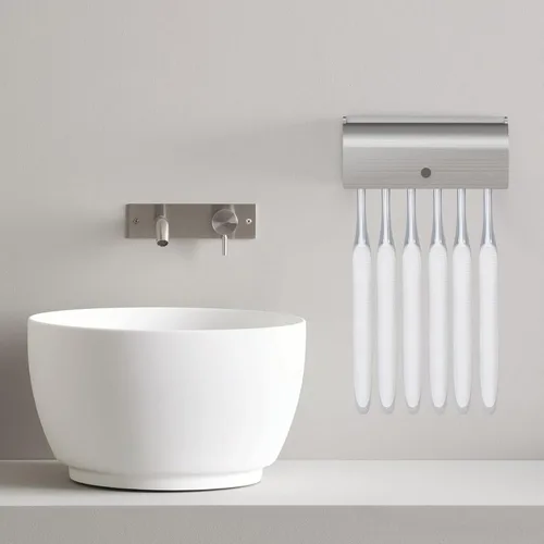 Vista 6 de Linkidea Soporte para cepillos de dientes con cubierta para baño, ducha, acero inoxidable, autoadhesivo, 6 ranuras, organizador de cepillos