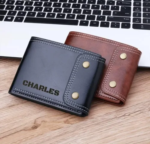 Vista 5 de Personalized Wallet for men, Custom Engraved Leather Wallets with name, Customized Gifts for Dad Hombre Husband Son, Black