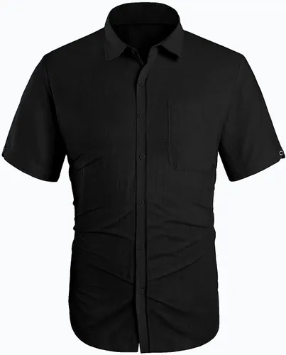 Vista 2 de Pengfei Mens Short Sleeve Shirts Linen Cotton Button Down Tees Spread Collar Plain Shirts A-Grey Large