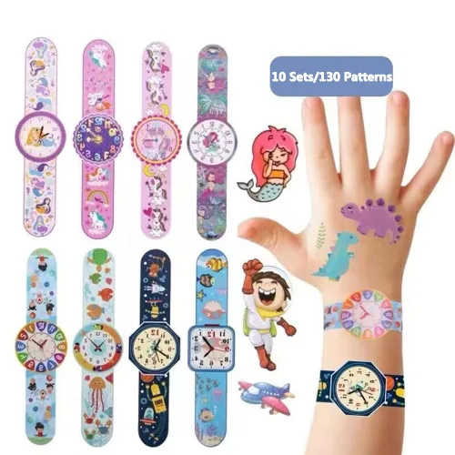 Vista 8 de Reloj de dibujos animados temporales tatuajes para niños, 10 hojas para niños, impermeables, tatuajes temporales con purpurina, seguridad