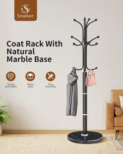Vista 7 de Snaikor Perchero de metal independiente, soporte de perchero resistente con base de mármol natural, árbol de abrigos modernos en negro para colgar