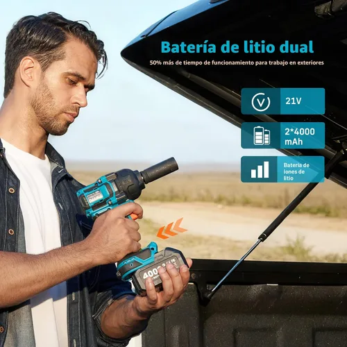 Vista 3 de Seesii Llave de impacto de 886 pies (1200 N.m), pistola de impacto de alto par 1/2 con batería de 21 V, 4000 mAh, destornillador de impacto