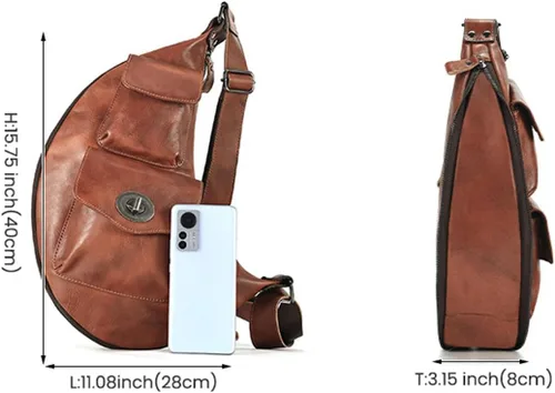 Vista 9 de Bolso bandolera de cuero genuino para hombres y mujeres, mochila en el pecho, bandolera, casual, al aire libre