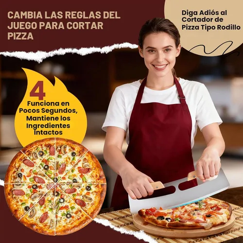 Vista 2 de Cortador de pizza balancín con mango de madera, cortador balancín de pizza premium de 14 pulgadas con hoja de acero inoxidable afilada y cubierta