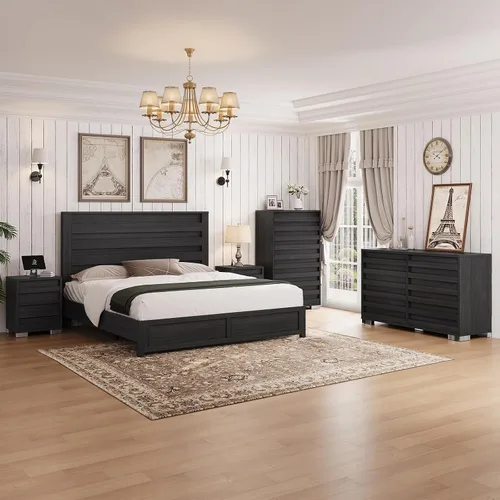 Vista 3 de Juego de 5 piezas para dormitorio de granja, incluye marco de cama tamaño Queen con cabecera alta, cómoda rústica de 6 cajones, cómoda alta de 5