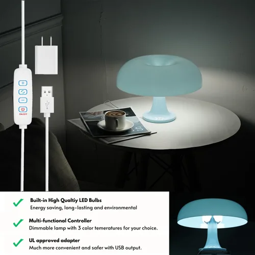 Vista 5 de Lámpara de mesa con forma de hongo en forma de dona, regulable, retro de los años 70, luz moderna de mediados de siglo con 3 modos de iluminación