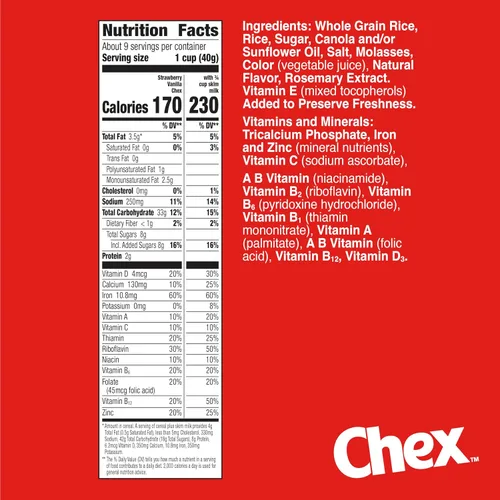 Vista 2 de Cereal Chex de Fresa y Vainilla, cereales para el desayuno sin gluten, hechos con grano integral, 12.4 onzas