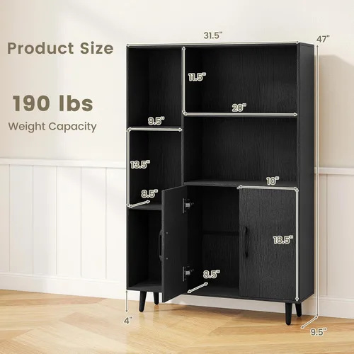 Vista 3 de Giantex Gabinete de almacenamiento de 47 pulgadas, estantería con 2 puertas, 5 estantes abiertos, patas de metal, kits antipuntas, gabinete de Negro