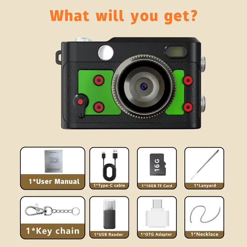 Vista 7 de Mini cámara retro con llavero – Cámara digital pequeña FHD de 1080P con lente de 2 MP, pantalla de 0.96 pulgadas y adaptador OTG con tarjeta de 16