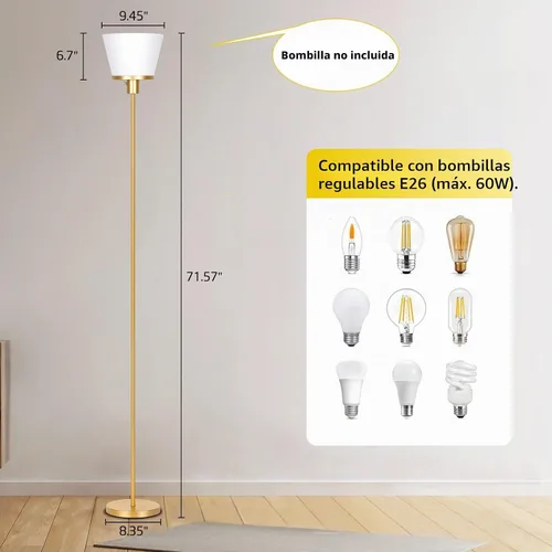 Vista 4 de Lámpara de pie para Dormitorio, Lámpara de pie dorada con pantalla de plástico blanco, Lámparas de pie modernas y altas, lámpara de pie brillante
