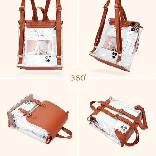 Vista 7 de KKXIU Mochila transparente de moda, aprobada para estadios, bolsa escolar transparente para mujeres y adolescentes, Marrón, Mochilas Daypack