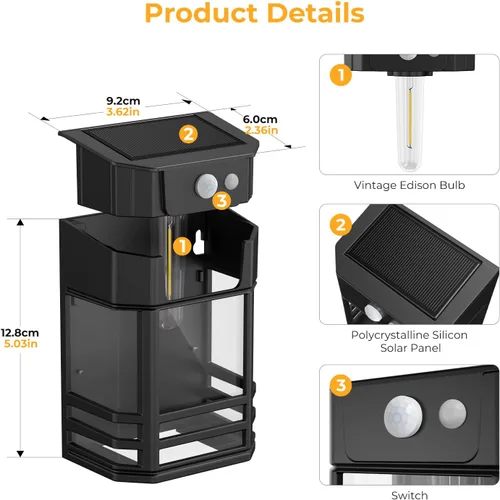 Vista 7 de btfarm Luces solares de pared para exteriores, 3 modos de luces con sensor de movimiento, del anochecer al amanecer, luz impermeable IP65