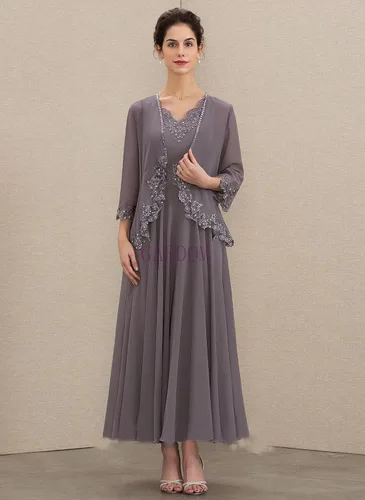 Vista 2 de GARDOM Apliques 2 piezas madre de la novia vestidos con chaquetas manga larga té longitud madre novio vestido boda 2024