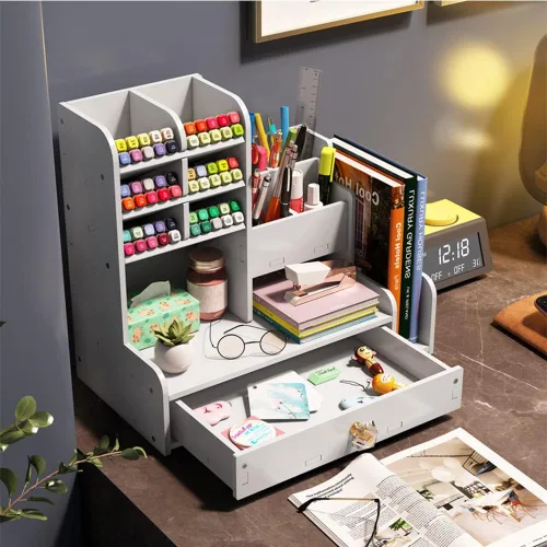 Vista 5 de Hggzeg Organizador de escritorio para bolígrafos, organizador de papelería con cajones y 2 soportes para archivos, almacenamiento de suministros