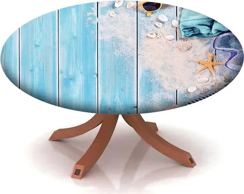 Vista 19 de Mantel redondo ajustable con patrón marítimo, borde elástico, adecuado para catering y cocina, se puede limpiar con el mantel de mesa redonda