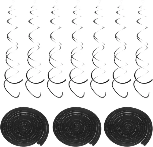 Vista 18 de MECCANIXITY 30 piezas negras colgantes de doble tira para colgar decoraciones de techo de plástico para fiestas de cumpleaños con gancho