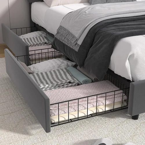 Vista 6 de VECELO - Queen Size Upholstered Bed Frame with 4 Drawers and Adjustable Headboard, Velvet Storage Platform Bed Frame, Mattress Foundation, Wood Slat