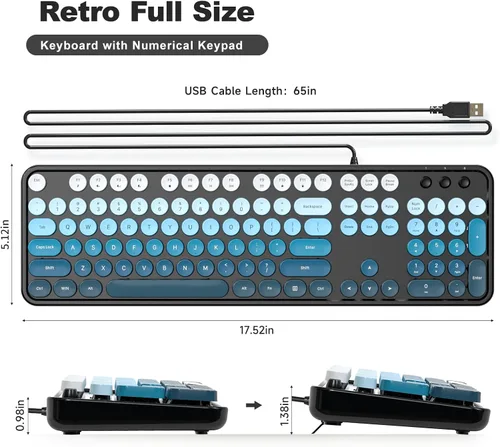 Vista 6 de MOFII Combo de teclado y mouse con máquina de escribir retro con cable, USB de tamaño completo Plug & Play para PC con Windows - Negro Azul