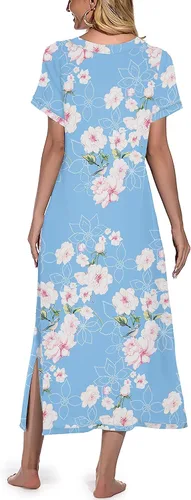 Vista 5 de PrinStory Camisón largo para mujer, camisón de manga corta con cuello en V, ropa de descanso suave, ropa de dormir casual con bolsillos