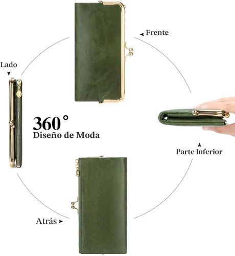 Vista 6 de GOIACII Cartera de mujer con cierre de beso, cartera larga con cremallera, con tarjetero compacto vintage para damas, A01 verde , medio, Classic