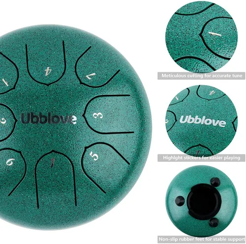 Vista 3 de Ubblove Tambor de lengua de acero para niños: 8 notas de 6 pulgadas clave de C Metal Steel Drums Instrumento con bolsa para meditación, yoga, Verde