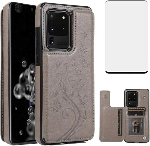 Vista 8 de Funda de teléfono para Samsung Galaxy S20 Ultra Glaxay S20ultra 5G con protector de pantalla de vidrio templado, tarjetero con soporte para Negro